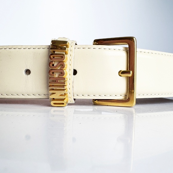 Moschino Belt by Redwall Vanilla Leather Gold Metal Logo Lettering Vintage Sz 40 main image 11